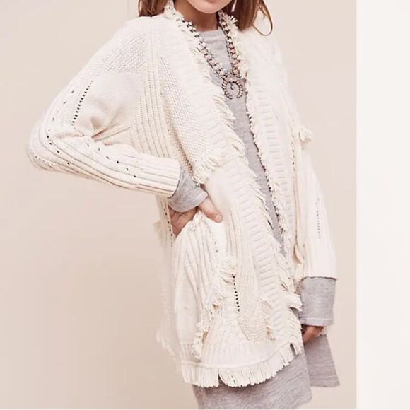 Anthropologie Rosie Neira Wool Cotton Fringe Cardigan Sweater - Picture 1 of 9
